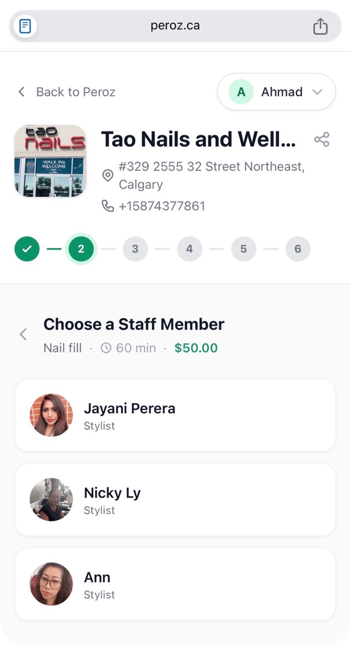 Peroz no-download online salon booking page in a mobile browser